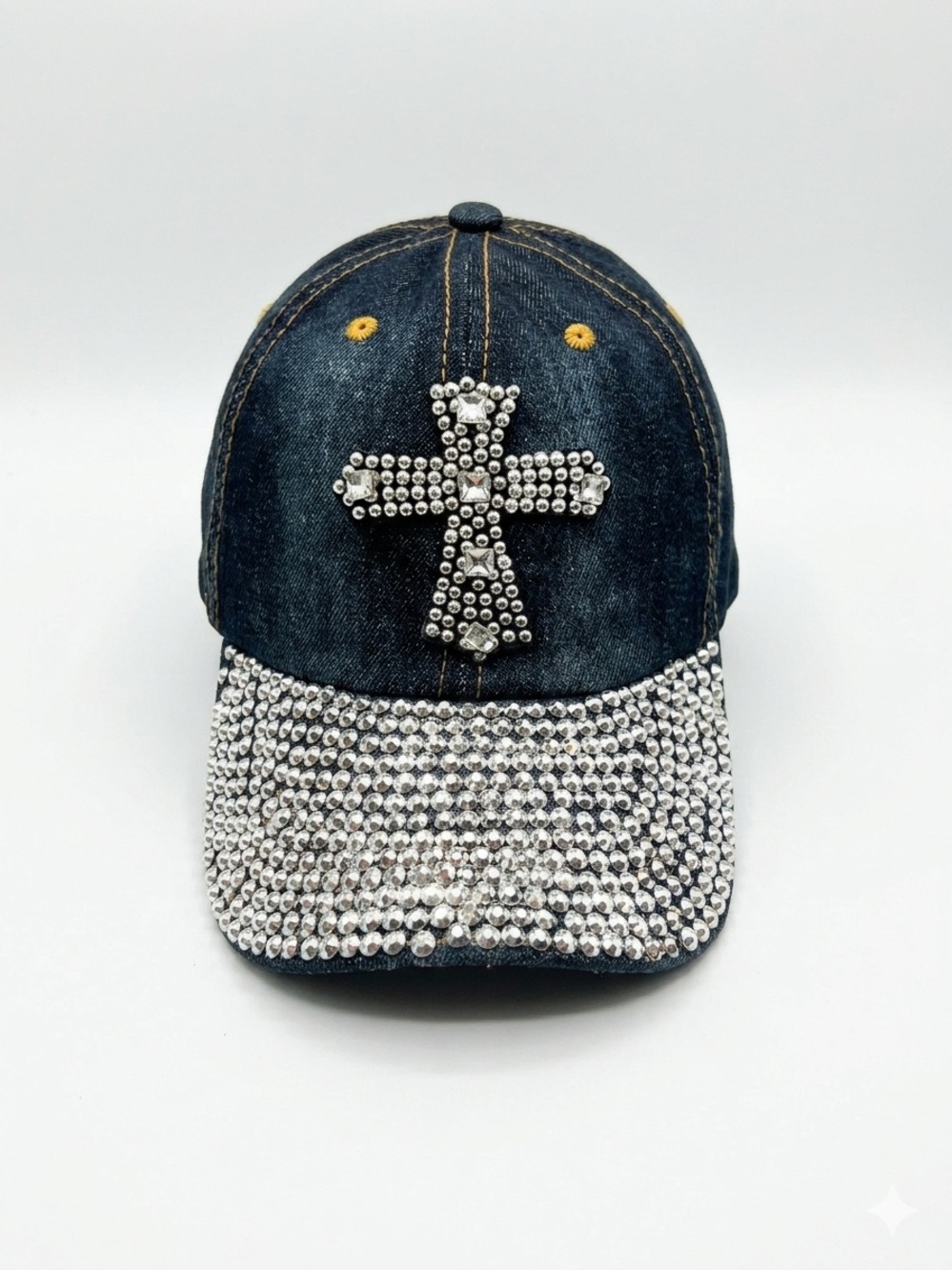 Denim Rhinestone Cross Baseball Cap - Silver Accent
